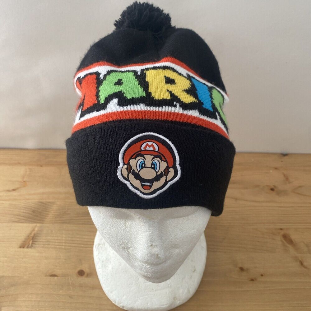 Nintendo Super Mario Beanie Black Knit Hat w Embroidered Logo & Pom Sz L/XL